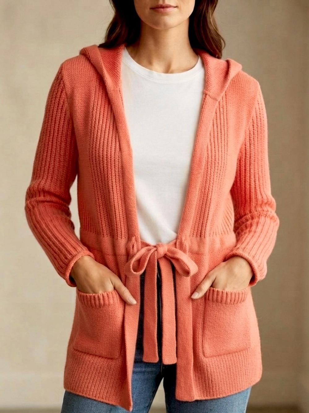 Pure Handknit Hooded Tie-Waist Cardigan Sweater Size S/M